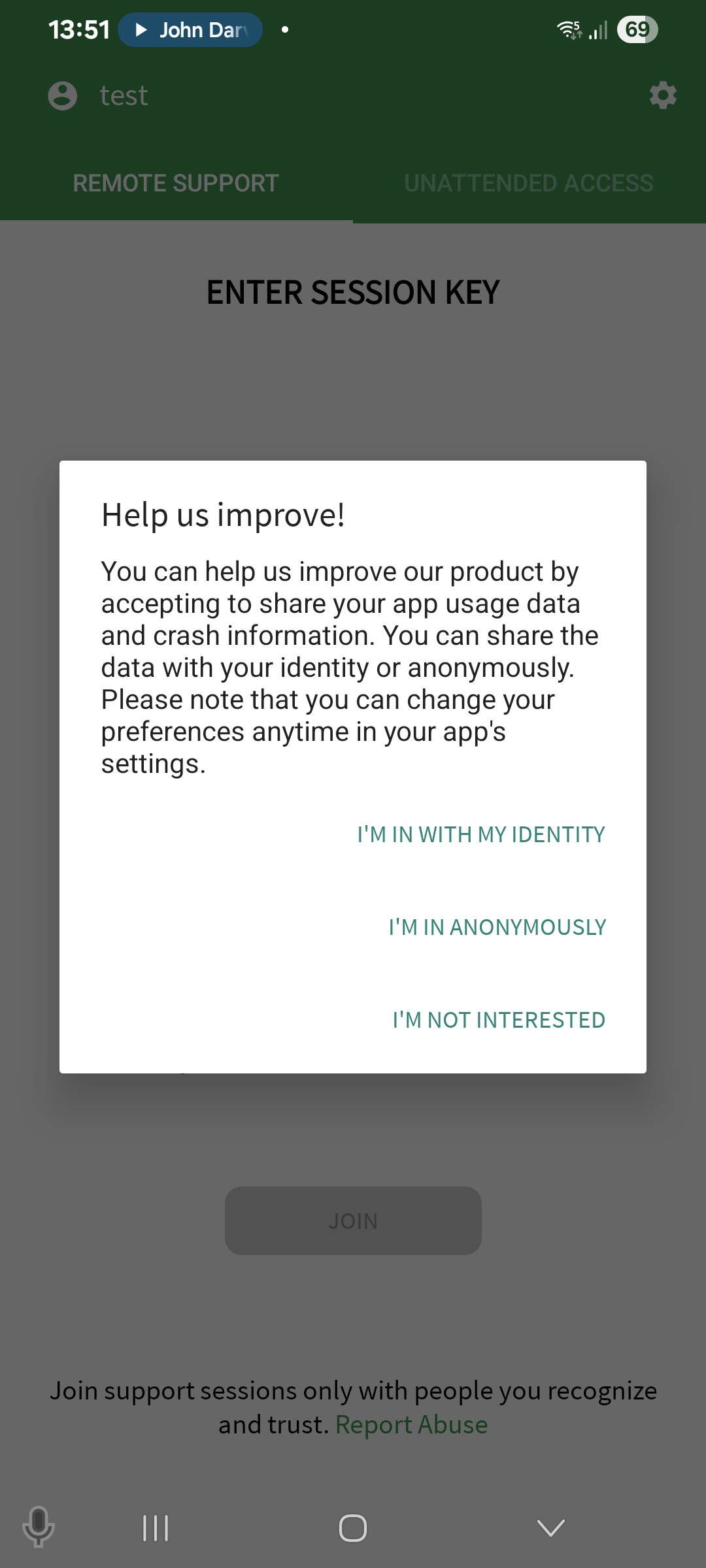 "usage data and crash information" data sharing prompt.